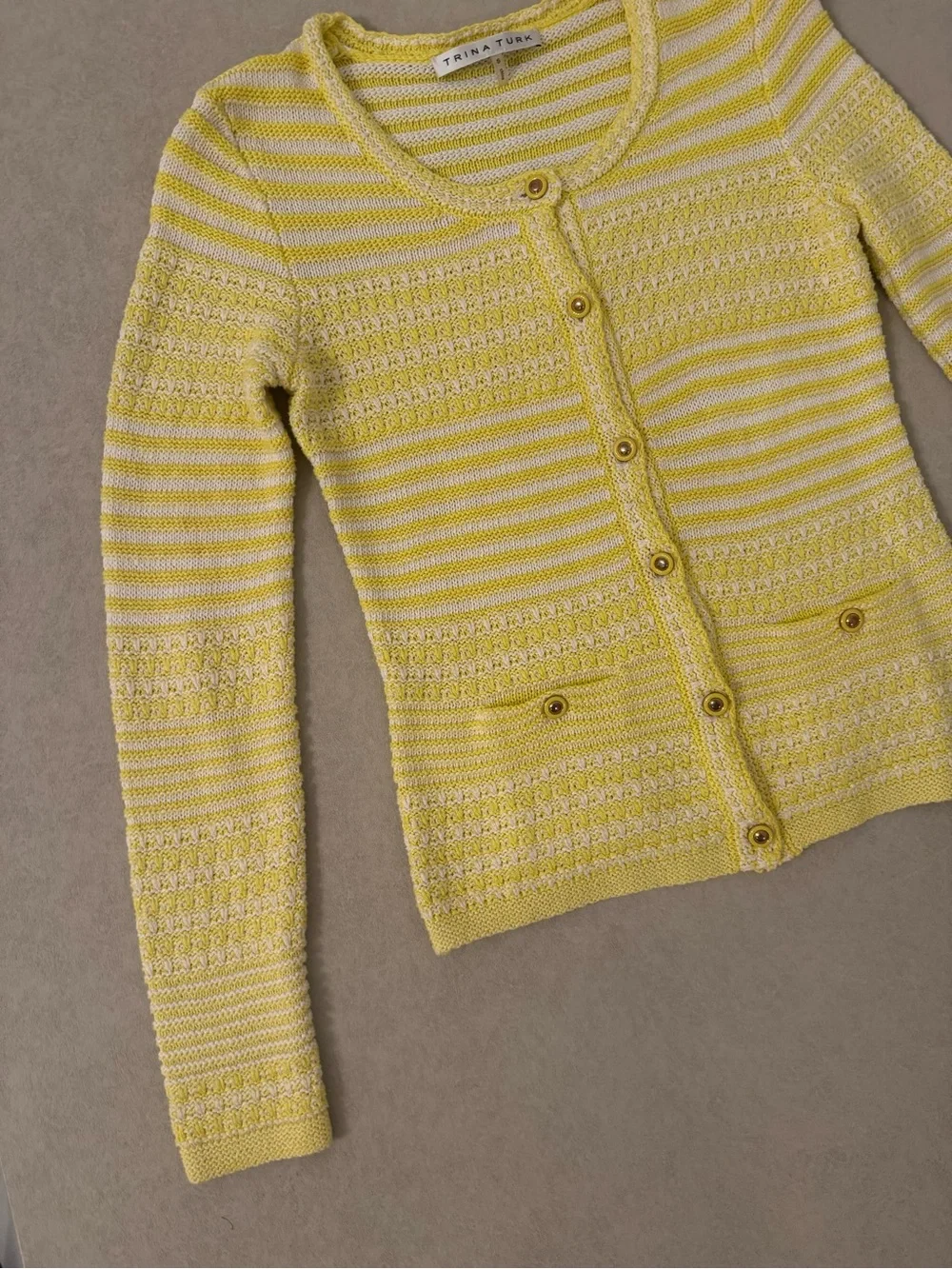 Trina Turk Yellow White Striped Cotton Knit Button-Front Cardigan Sweater Sz S